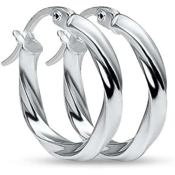 Sterling Silver Hoop Earrings, Twisted Round Design, High Polish Finish - Picture 6 of 7